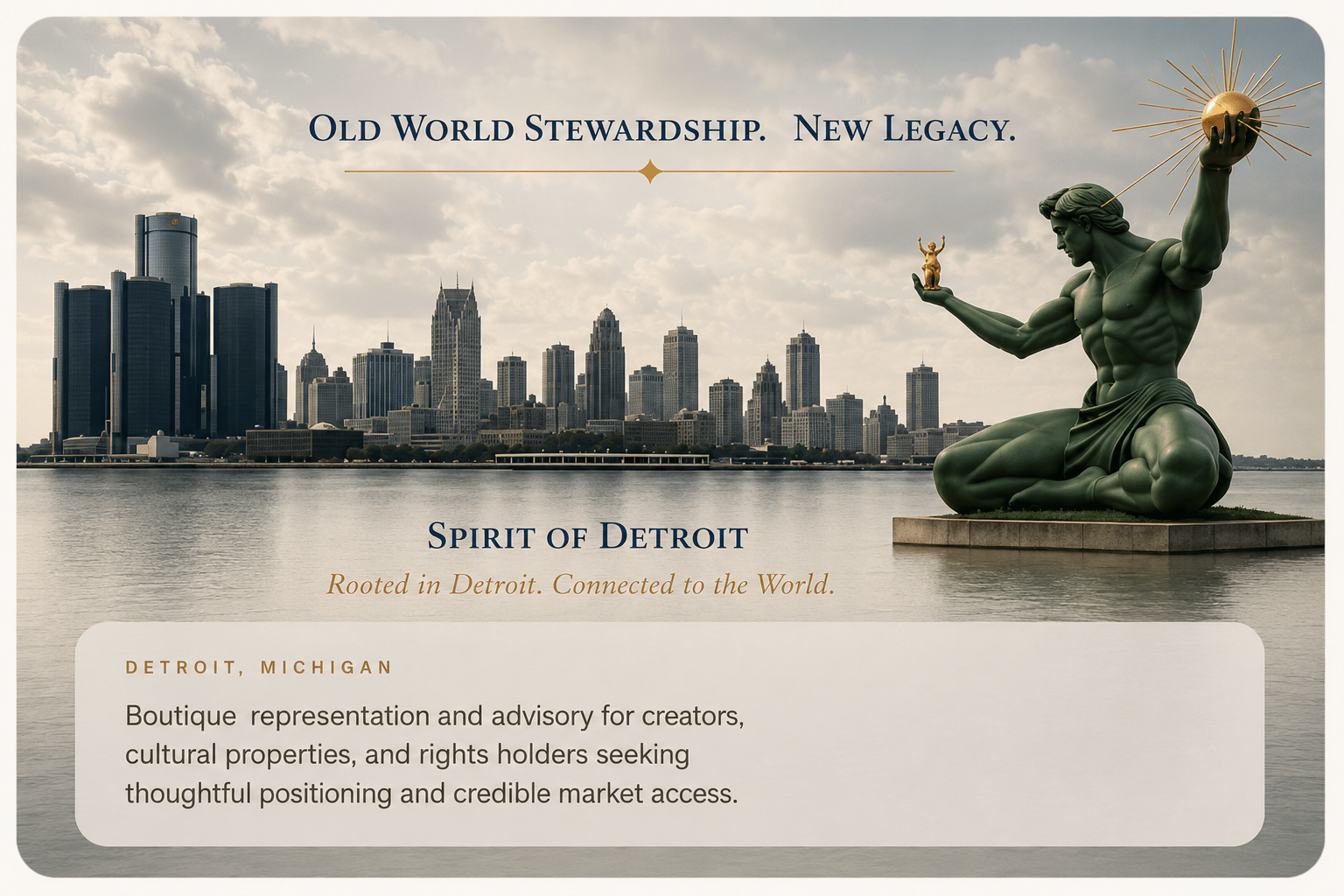 Spirit of Detroit visual with Detroit skyline and riverfront